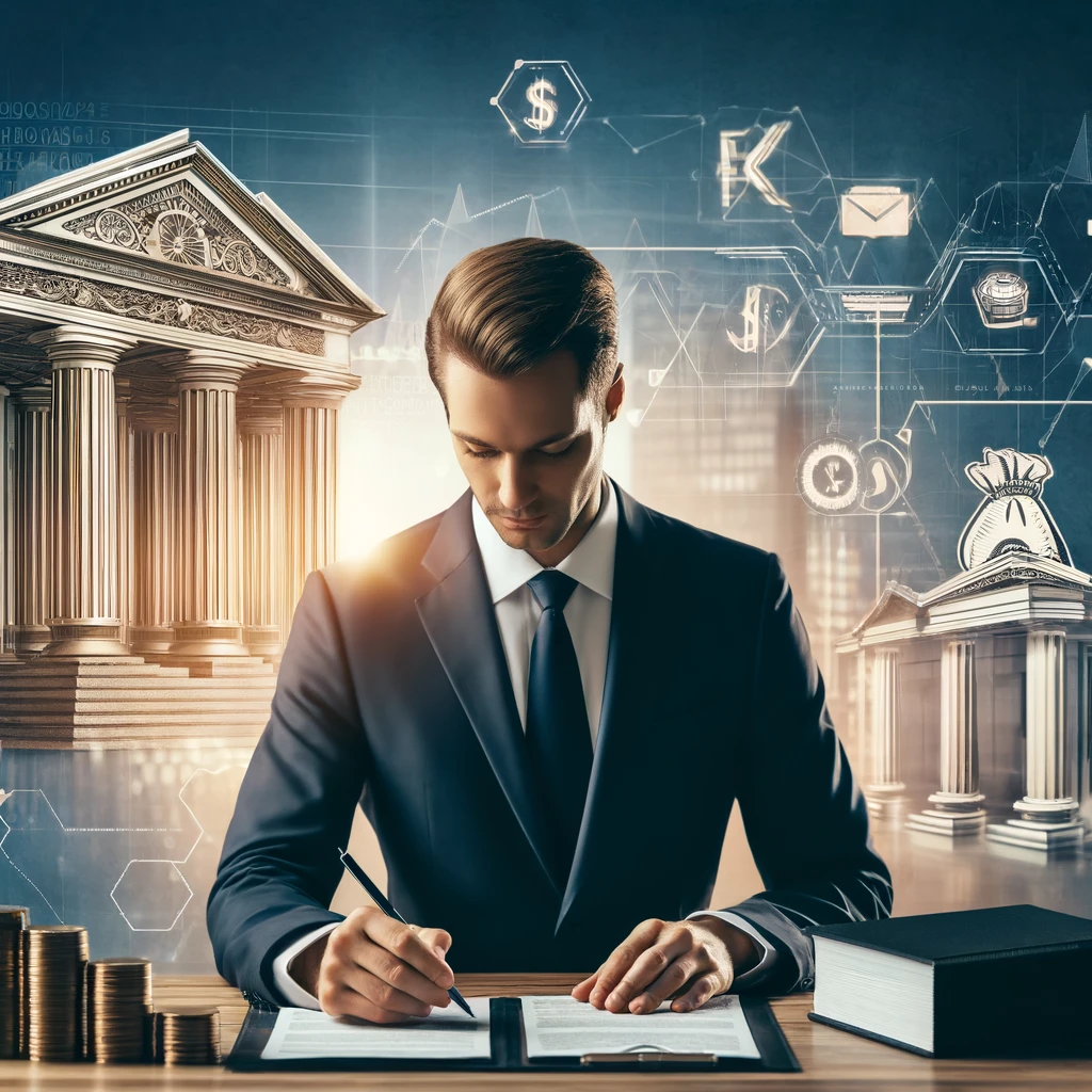 DALL·E 2024-05-31 20.43.43 – A professional and detailed image illustrating the concept of obtaining a bank license. The image features a businessperson in a formal setting, revie