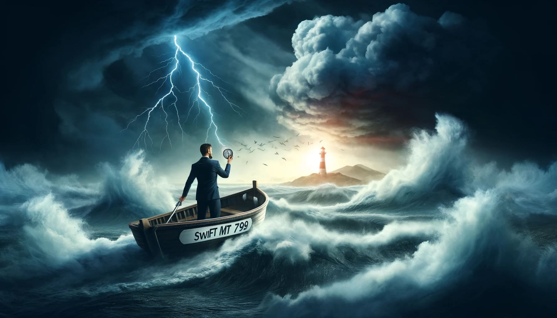 DALL·E 2024-05-31 22.30.44 – A dramatic scene depicting a financial professional navigating through a stormy ocean on a small boat labeled ‘Swift MT 799’. The storm represents the